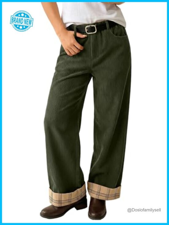 Pants - Corduroy Wide Leg Pants High Rise Elastic Waist Casual with Pockets